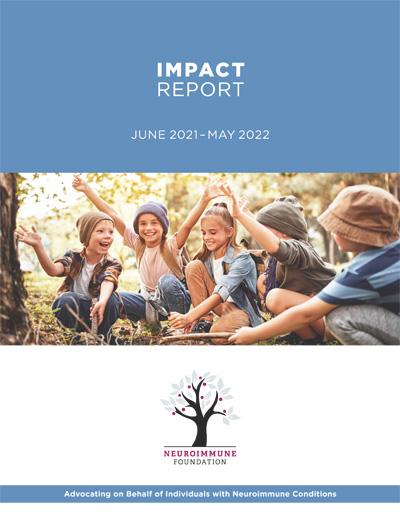 Cover of the Impact Report, June 2020-May 2021 with a photo of smiling children and the Neuroimmune Foundation logo.