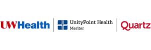 Logos for UW Health, Unity Point Health Meriter, and Quartz