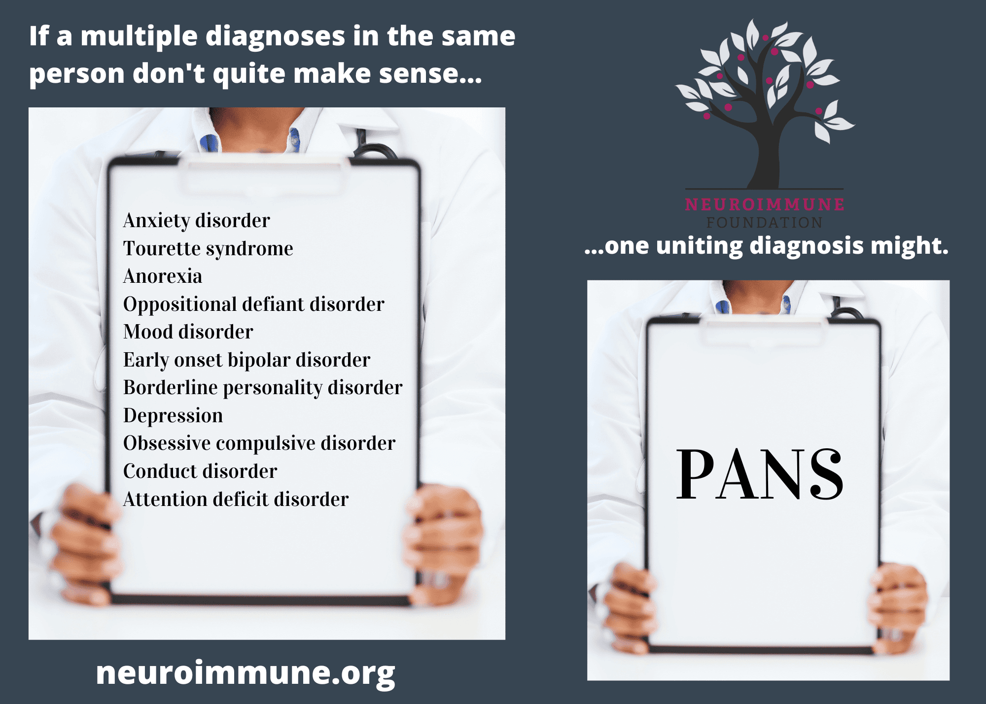 The heading: If multiple diagnoses in the same person don't quite make sense... appears above a clinician holding a white board with the list: Anxiety disorder, Tourette syndrome, Anorexia, Oppositional defiant disorder, Mood disorder, Early onset bipolar disorder, Borderline personality disorder, Depression, Obsessive compulsive disorder, Conduct disorder, Attention deficit disorder. The heading: ...one uniting diagnosis might." appears above a clinician holding a white board with the text: PANS. neuroimmune.org. The Neuroimmune Foundation logo of a tree with magenta fruit is in the upper right corner.