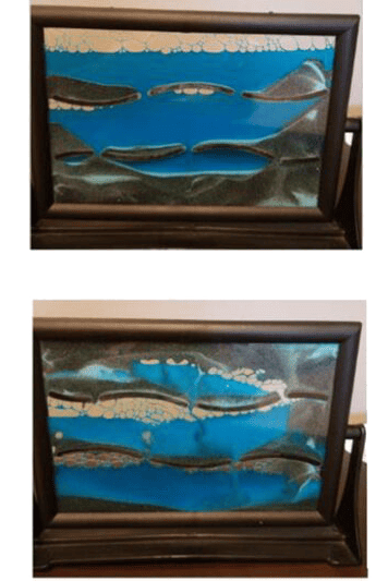 two images of moving sand art pictures. The top photo is serene, with sand and oil separated. The bottom photo is turbulent, with sand and oil mixed up.